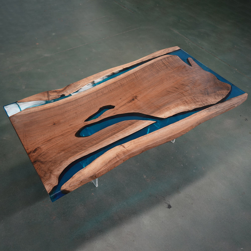 SeawaveTable-Luxury epoxy river conference table with live edge walnut and blue resin river