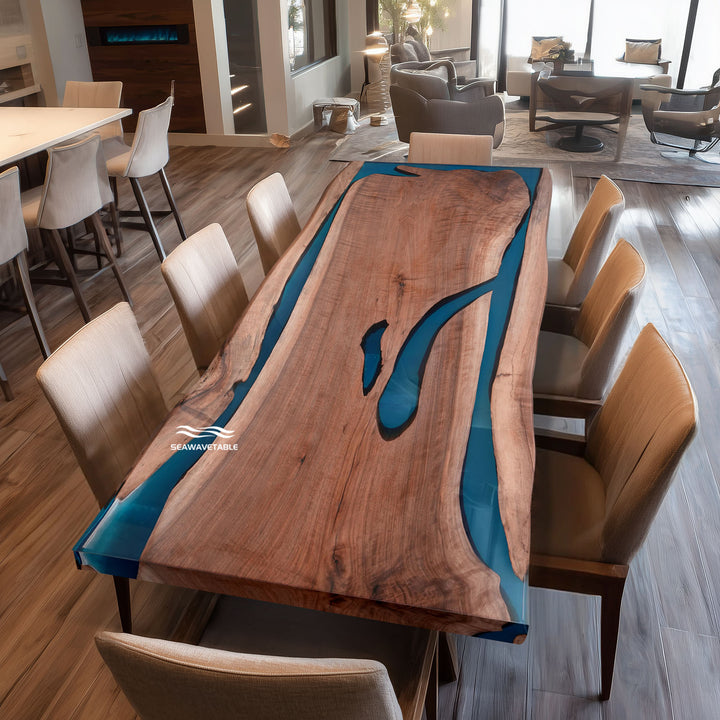 SeawaveTable-Epoxy resin dining table made from black walnut wood and resin river design