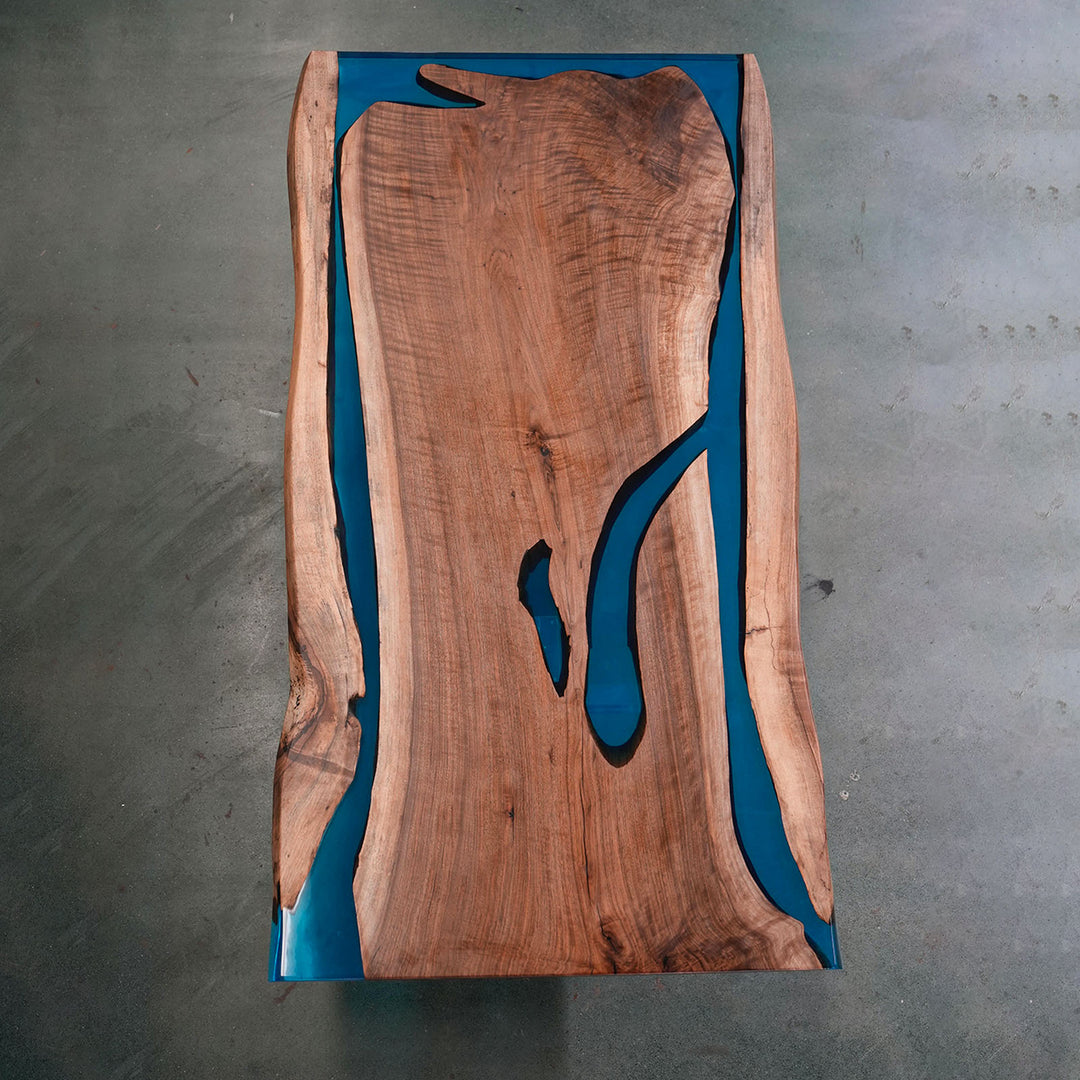 SeawaveTable-Handmade epoxy resin dining table with straight live edge black walnut wood and clear resin river design