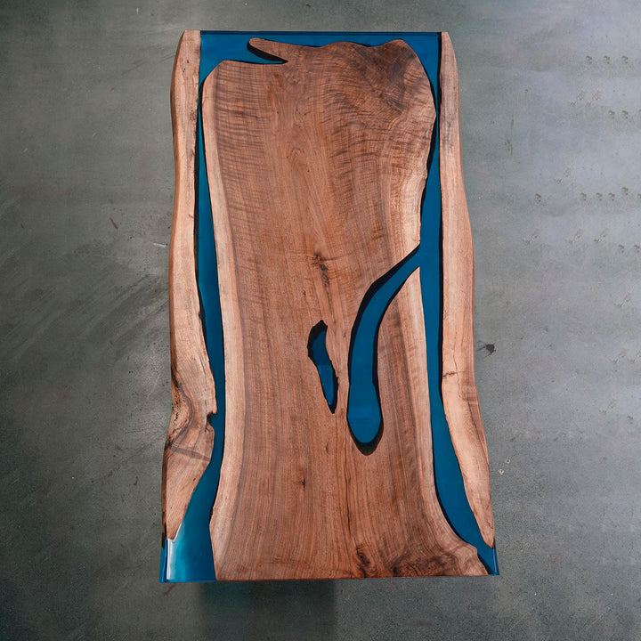 SeawaveTable-Handmade epoxy resin dining table with straight live edge black walnut wood and clear resin river design