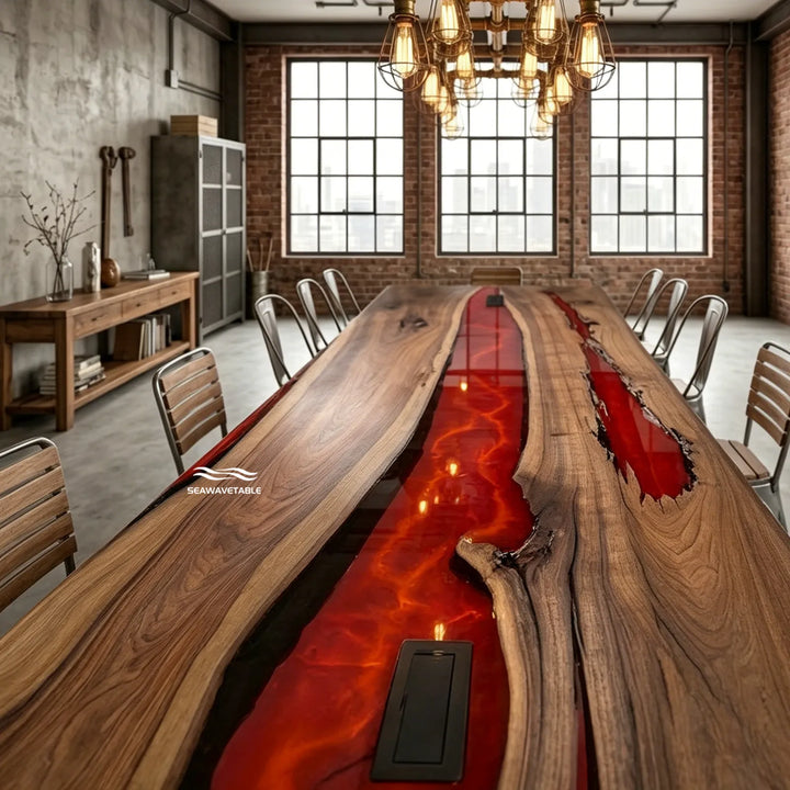 Live edge black walnut lava epoxy river dining table CRT-339 in contemporary dining interior