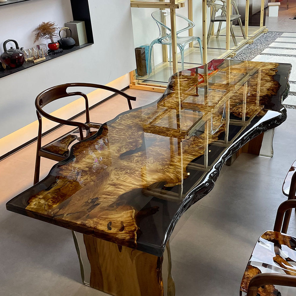 Stunning live - edge resin table made of poplar wood, accompanied by matching chairs
