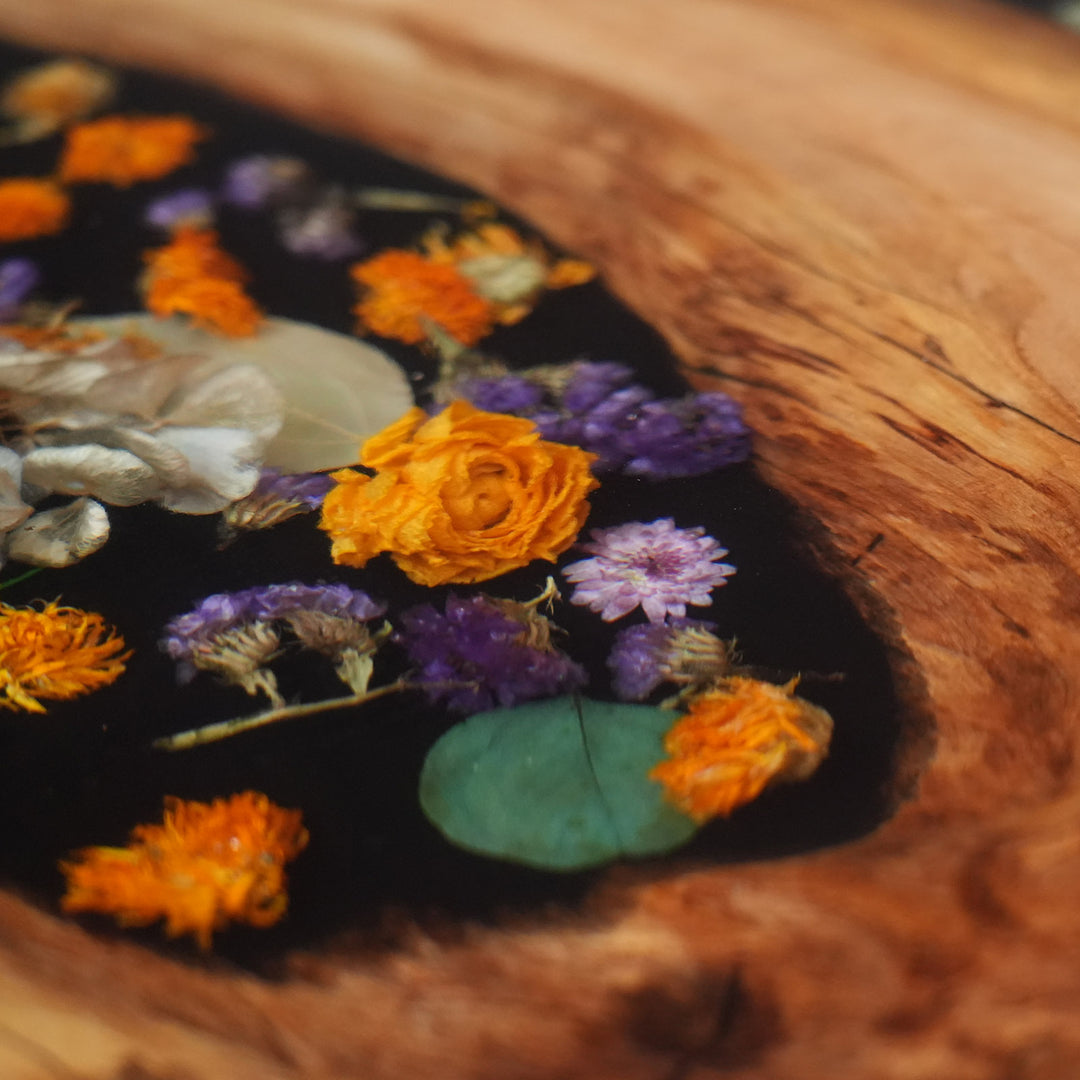 Handmade floral resin river table ready for shipment
