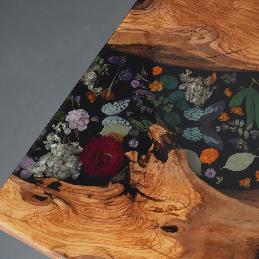 Luxury olive wood table with dried flower resin river