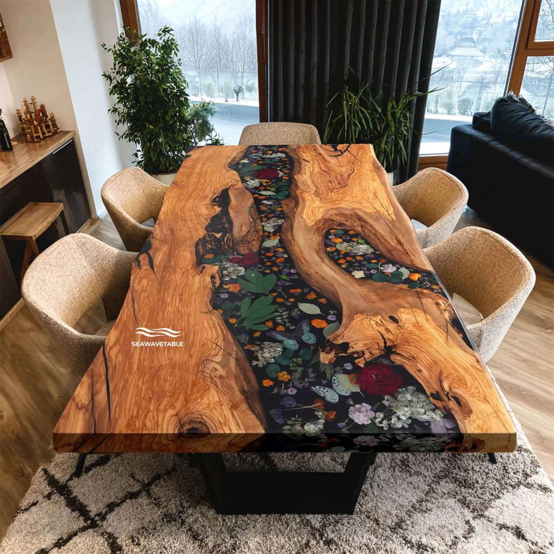 Contemporary olive wood table with colorful botanical resin