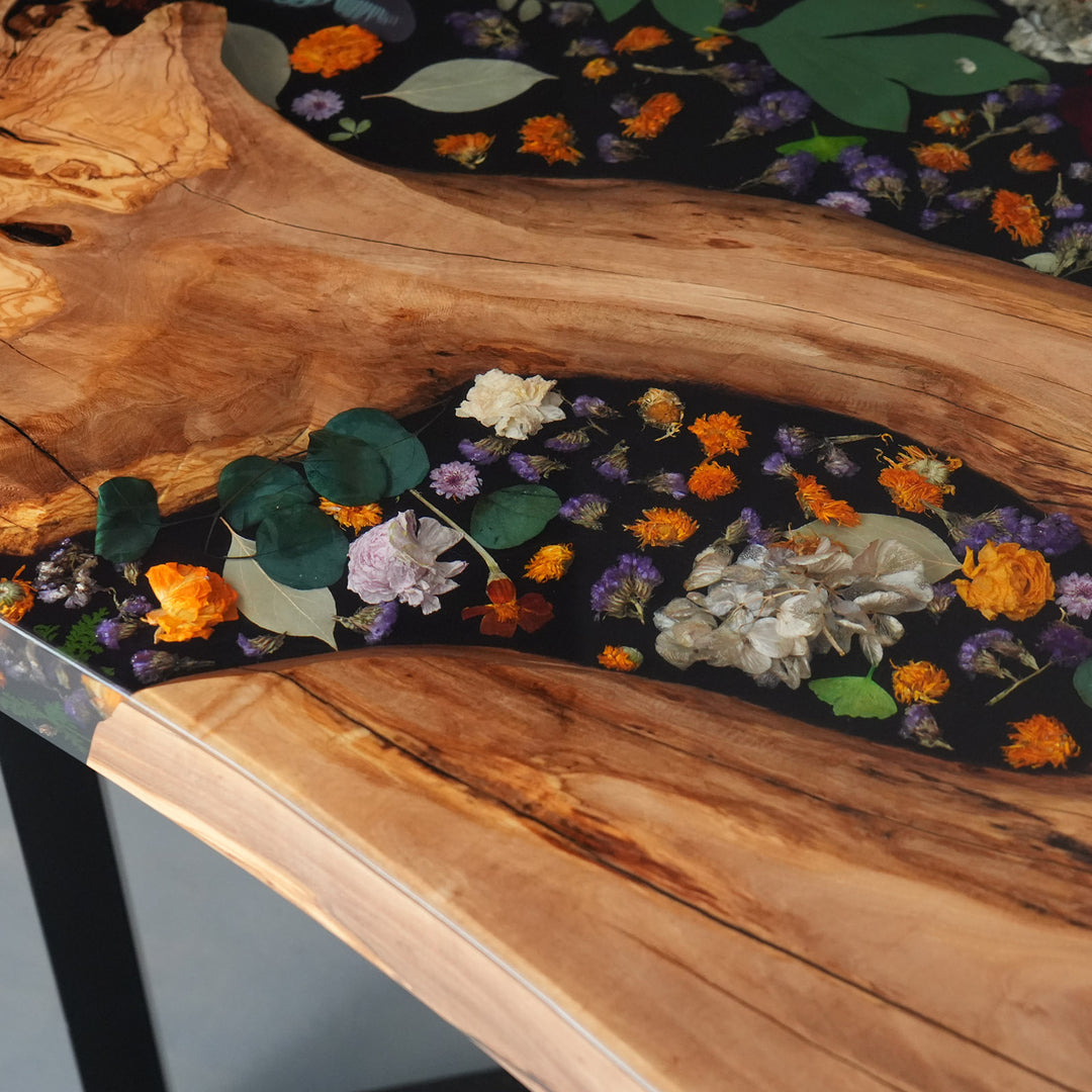 Premium olive wood top with embedded flowers in resin