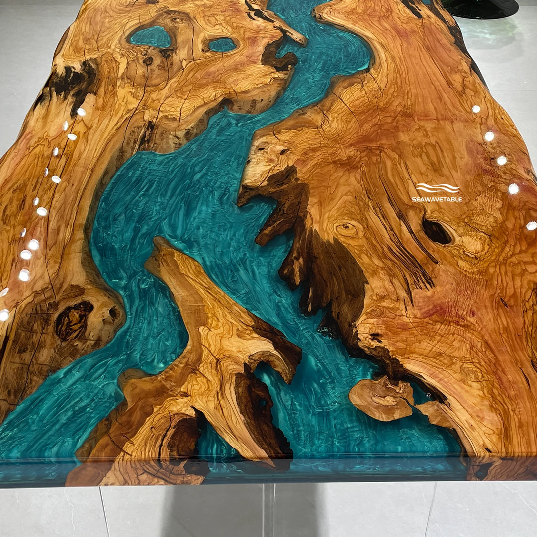 Seawavetable-Tropical lagoon themed epoxy river dining table fixed 42*72 size olive wood full high gloss natural live edge seats 6-8