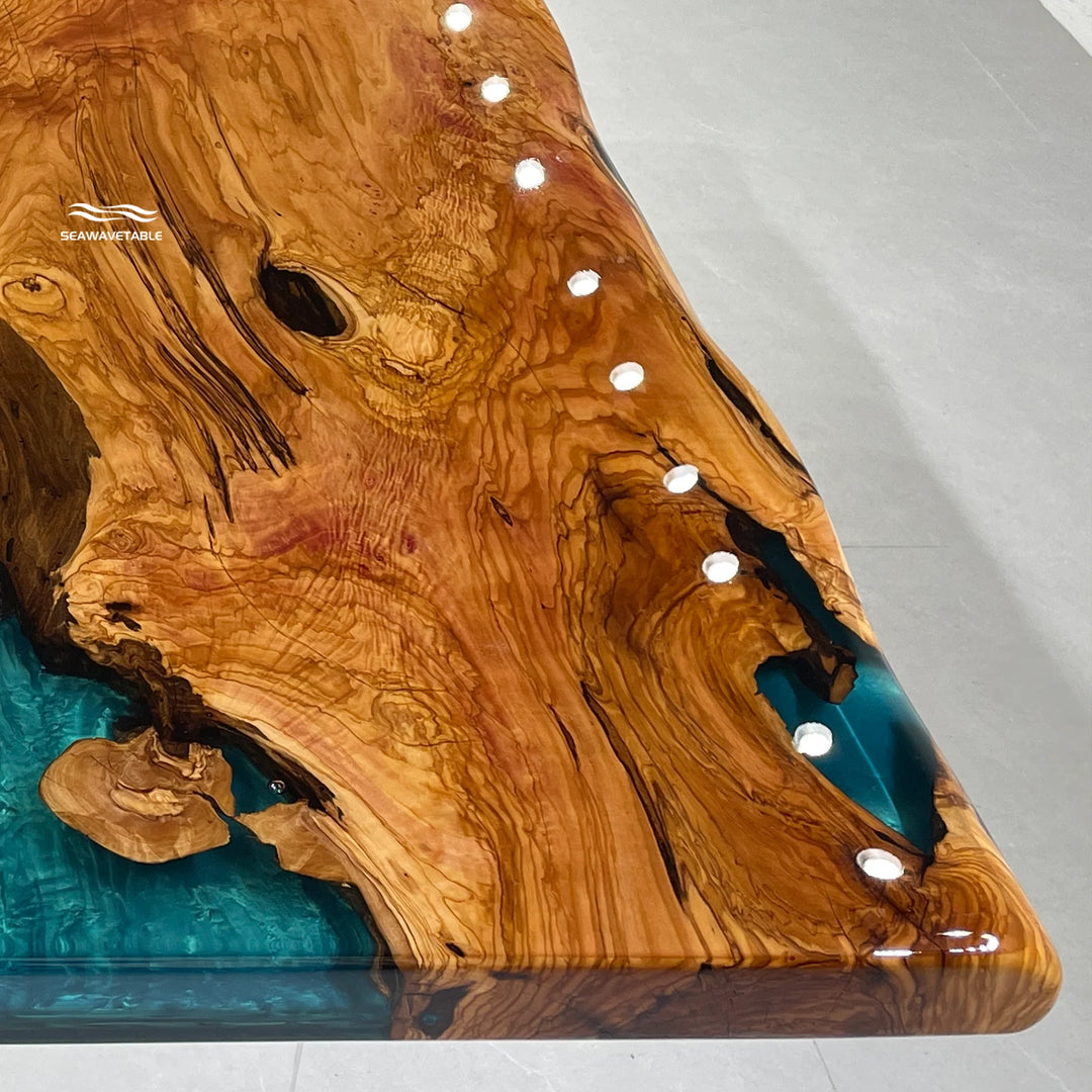 Seawavetable-Handcrafted dual slab live edge olive wood resin dining table Mystic Lagoon full high gloss epoxy 42×72 inch inventory piece