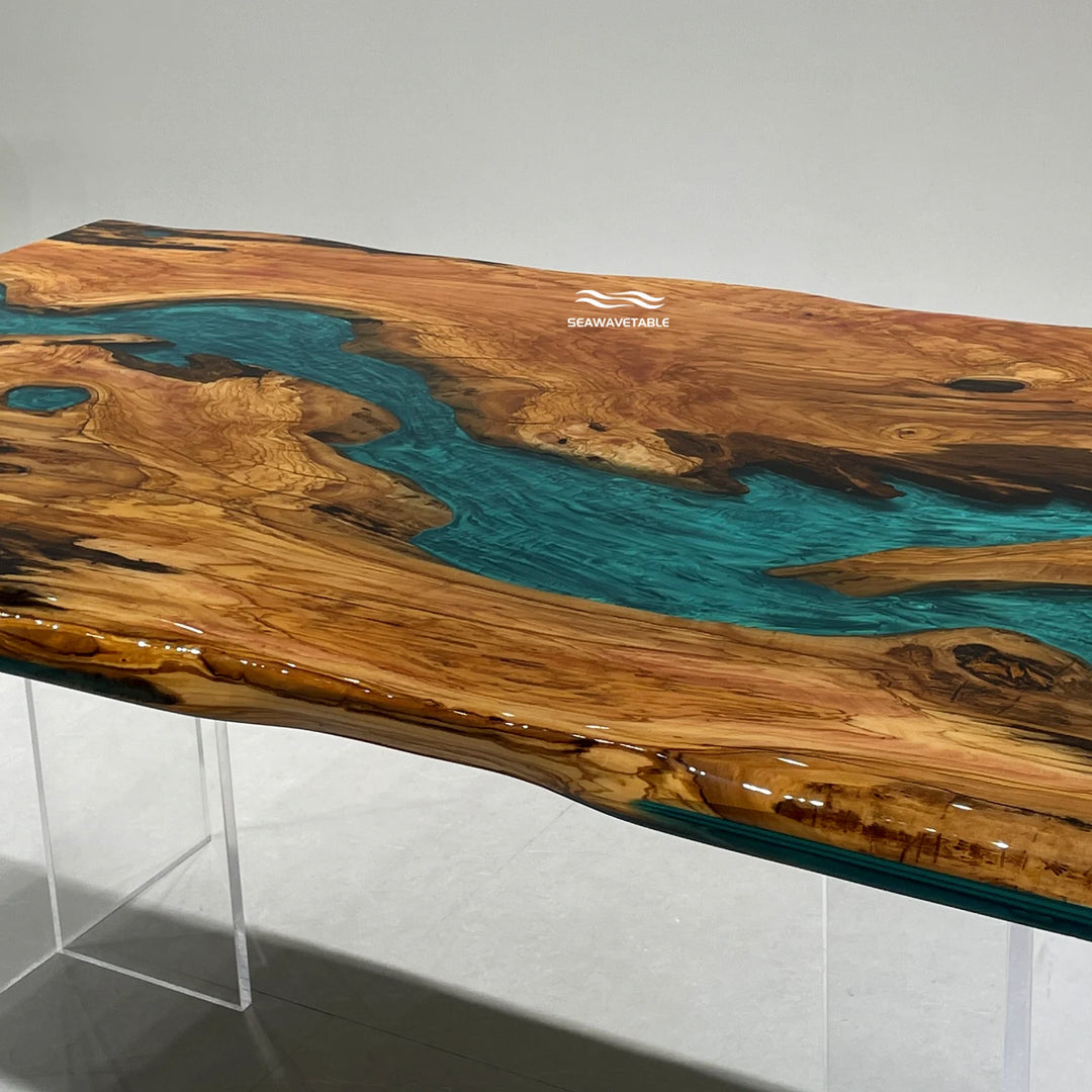 Seawavetable-Upscale rectangular epoxy dining table seats 6-8 42x72 olive wood dual live edge layered Mystic Lagoon glossy teal resin