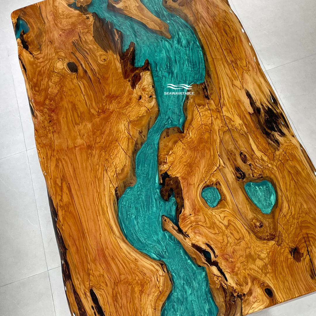 Seawavetable-Inventory epoxy dining table 42"W×72"L solid olive wood Mystic Lagoon teal resin glossy top dual live edge design seats 6-8