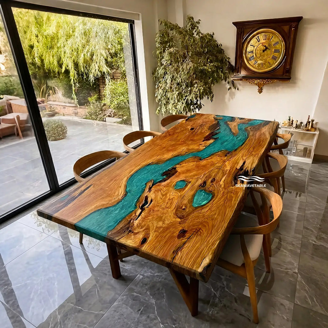 Seawavetable-Medium epoxy dining table seats 6-8 42 by 72 inch solid dual olive slabs Mystic Lagoon epoxy natural live edge