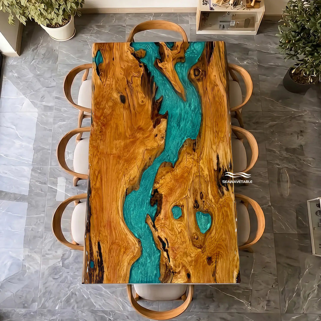 Seawavetable-Premium full gloss epoxy table olive wood Mystic Lagoon teal resin central river live edge ready to ship