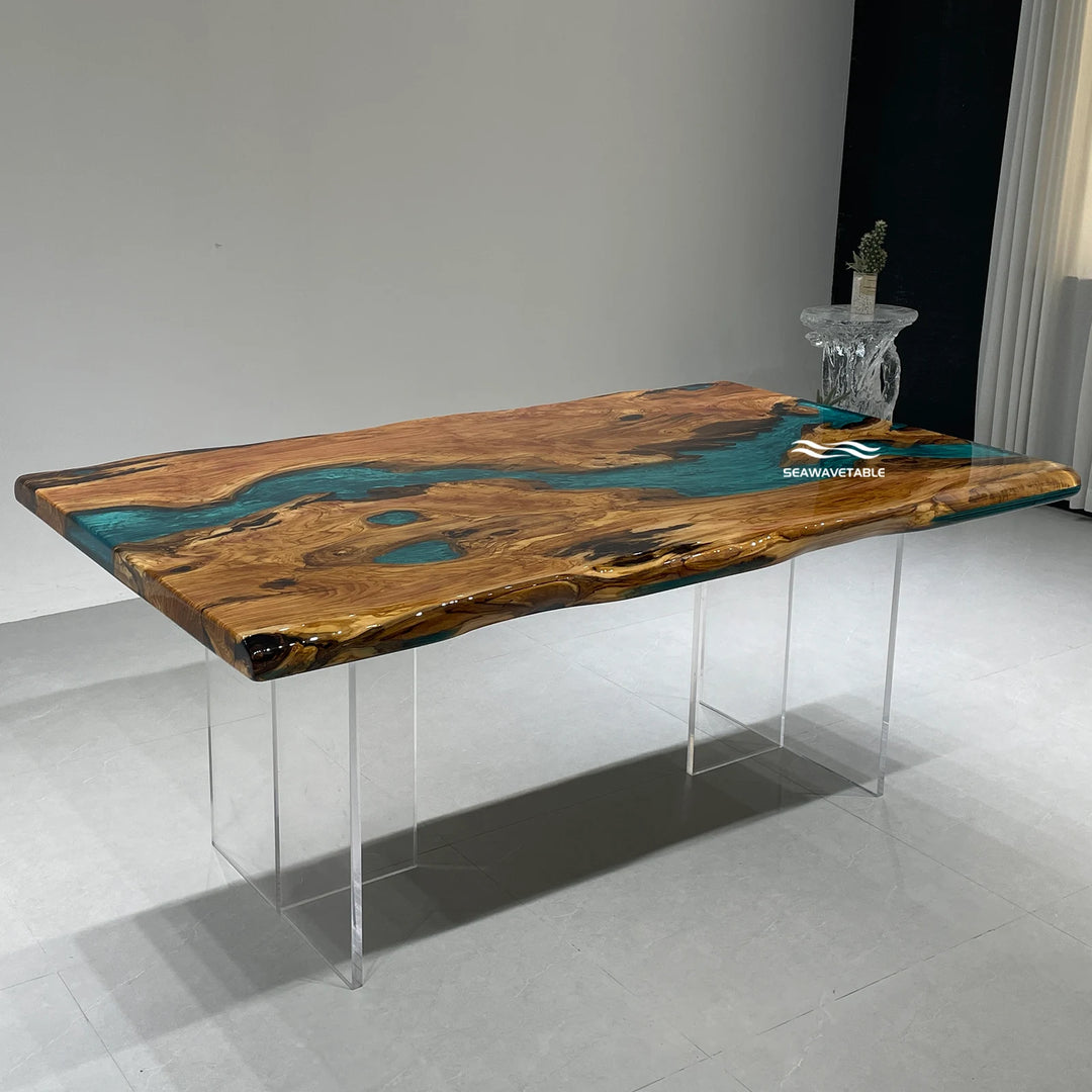 Seawavetable-Ready-to-deliver olive wood live edge epoxy dining table 42×72in Mystic Lagoon epoxy river with natural resin pockets high gloss
