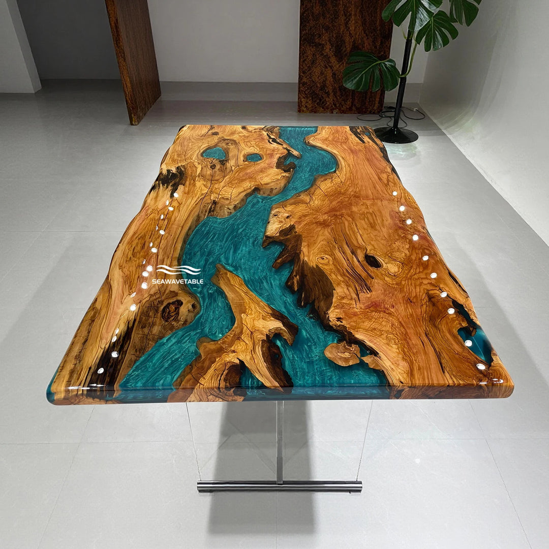 Seawavetable-In stock 42x72 inch olive wood live edge epoxy river table dual raw live edge glossy Mystic Lagoon teal resin dining furniture