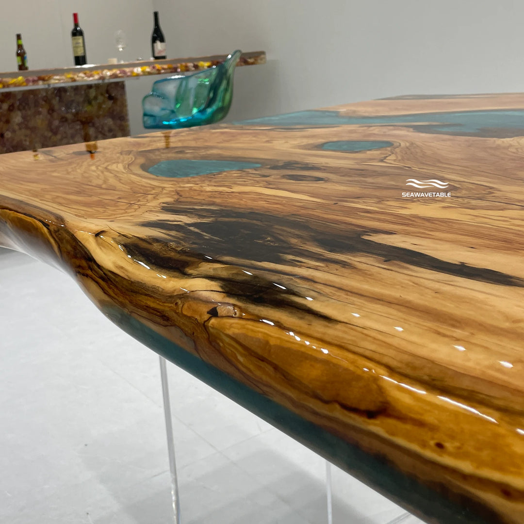 Seawavetable-Dual live edge solid olive wood statement epoxy table 42x72 inch winding central Mystic Lagoon teal resin river design