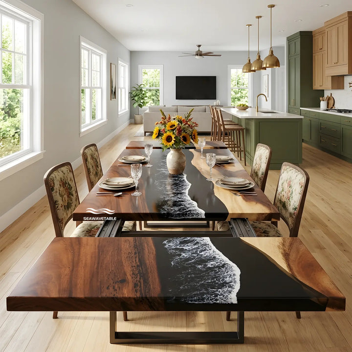 Seawavetable-Luxury extendable epoxy dining table, full high gloss finish, straight edge walnut slab tabletop with ocean foam resin