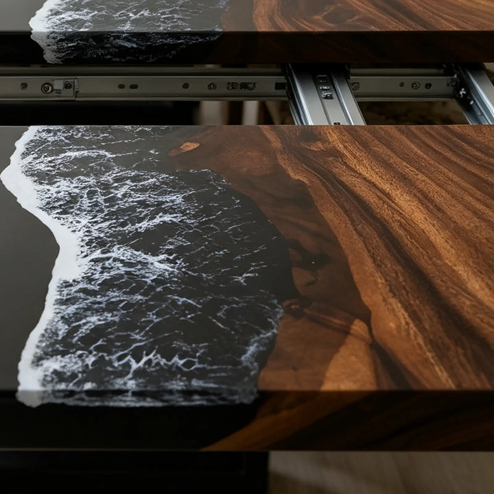 Seawavetable-Custom expandable ocean dining table, matching walnut and black wave epoxy fold-out extension leaves
