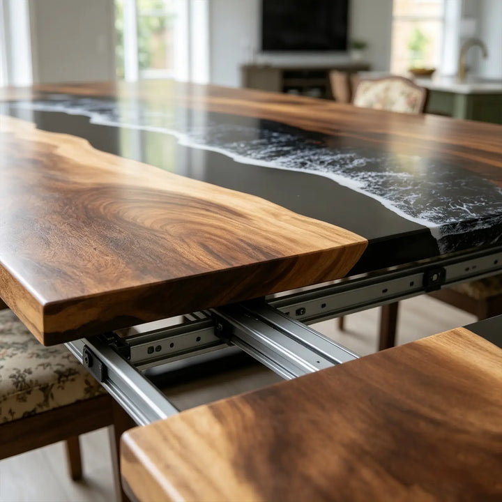 Seawavetable-Modern walnut dining centerpiece, black ocean wave epoxy resin with white foam details, glossy surface