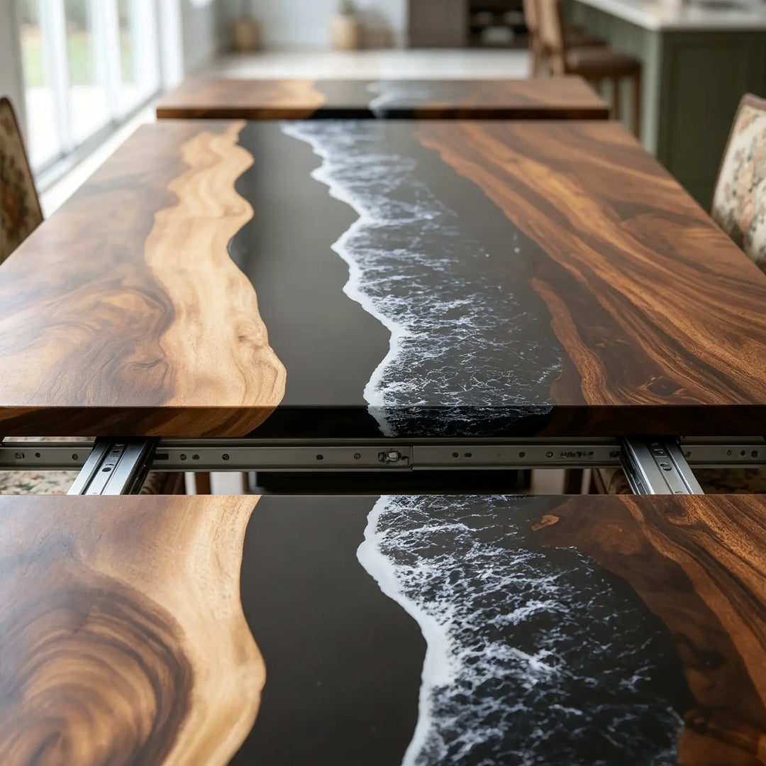 Seawavetable-Heavy duty concealed hardware extendable table, fold-out leaf mechanism of ocean wave epoxy dining table