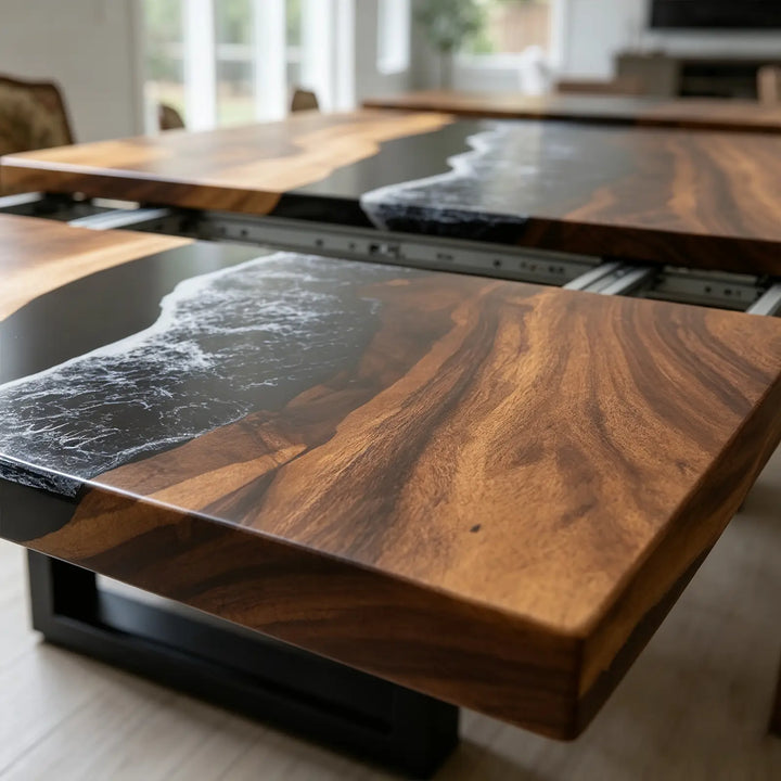 Seawavetable-Clean straight edge walnut ocean epoxy table, black wave resin art for modern farmhouse dining space
