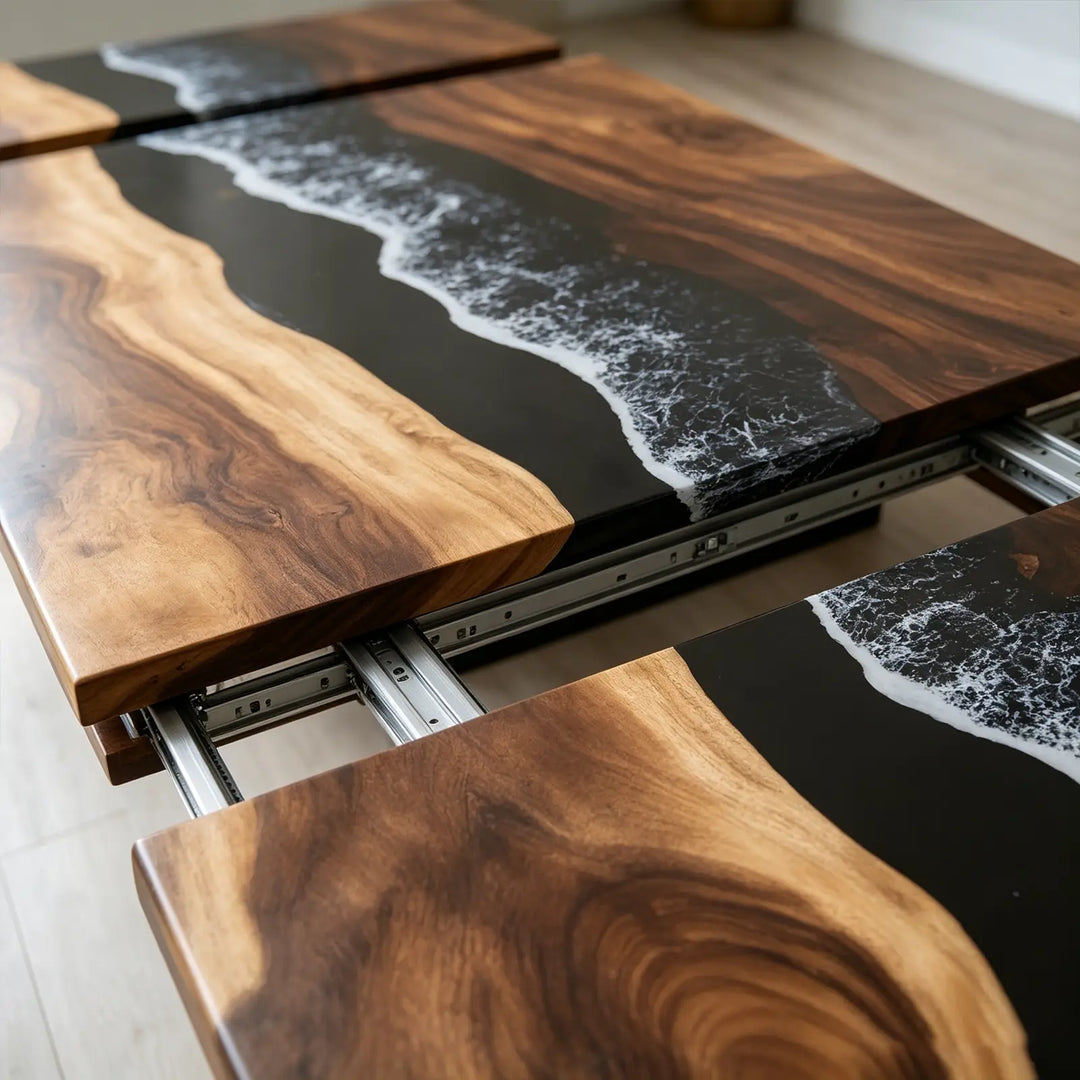 Seawavetable-Handmade luxury epoxy wood table, solid walnut with full high-gloss reflective finish