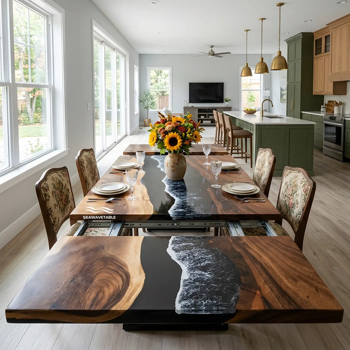 Seawavetable-Solid walnut extendable ocean epoxy dining table, black wave resin art, clean straight edge, full high gloss finish for family gatherings
