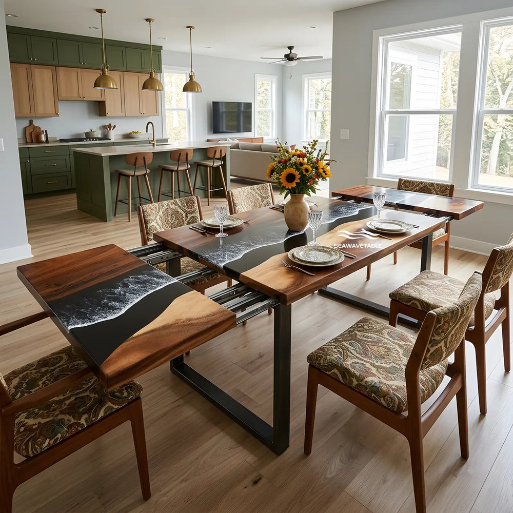 Seawavetable-Handcrafted walnut expandable ocean table, dual-side fold-out leaves with seamless black ocean wave epoxy