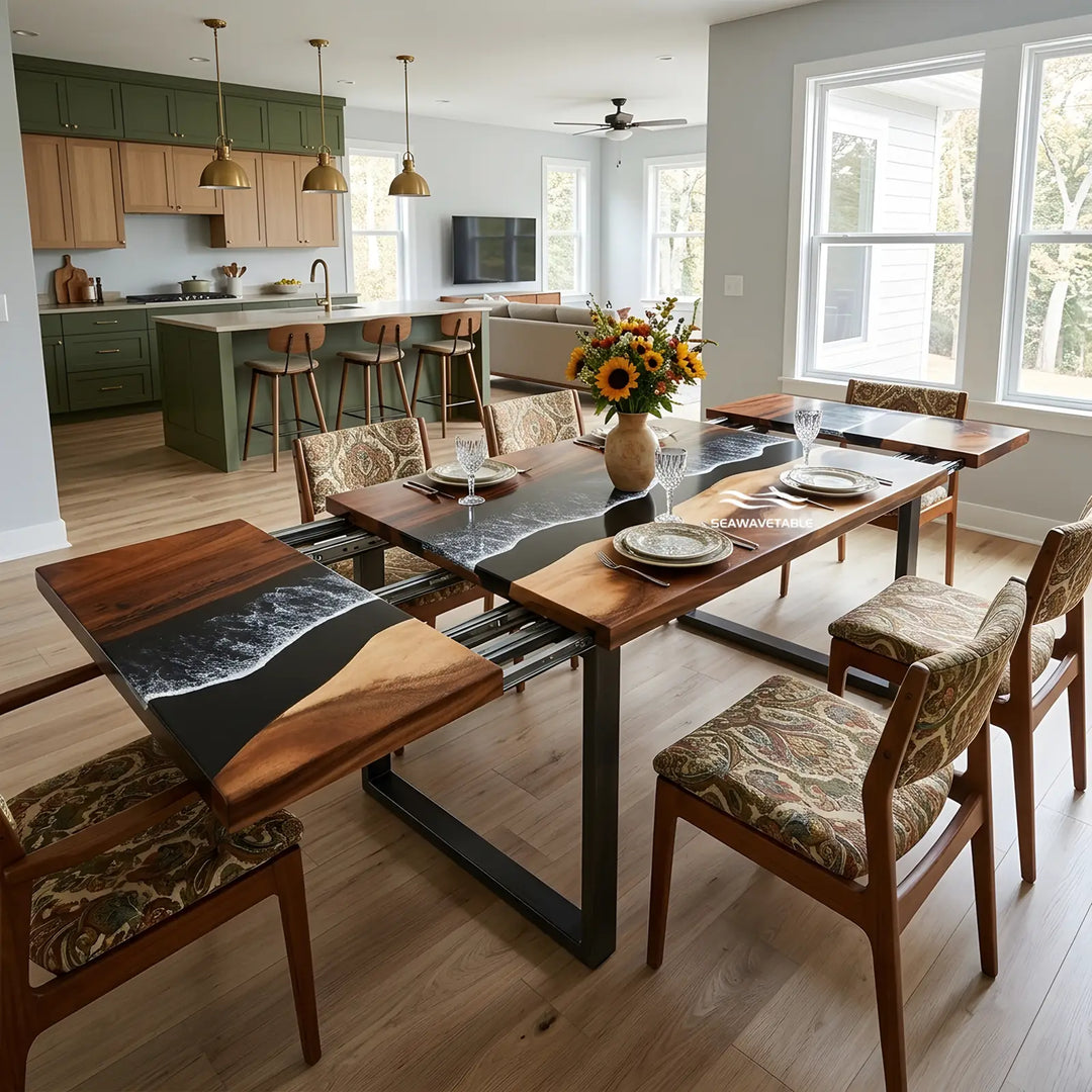 Seawavetable-Handcrafted walnut expandable ocean table, dual-side fold-out leaves with seamless black ocean wave epoxy