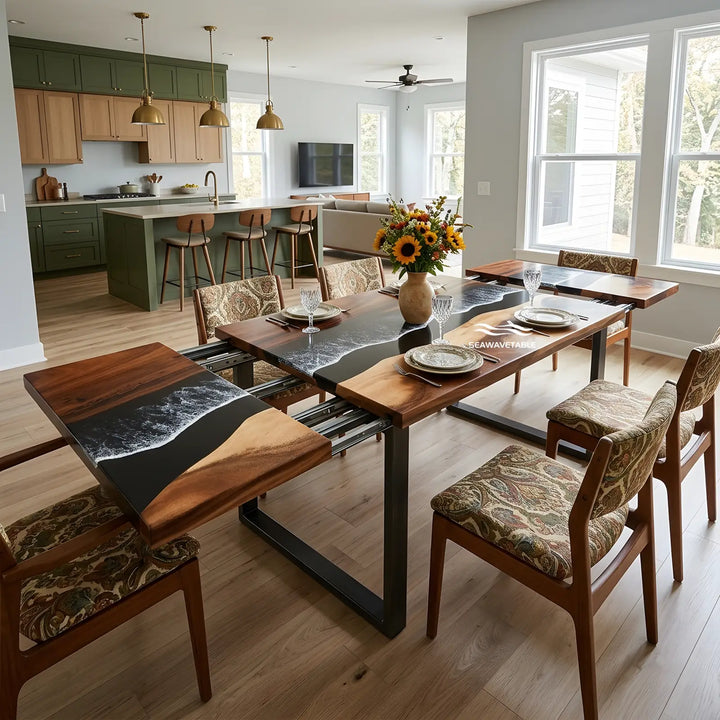 Seawavetable-Handcrafted walnut expandable ocean table, dual-side fold-out leaves with seamless black ocean wave epoxy