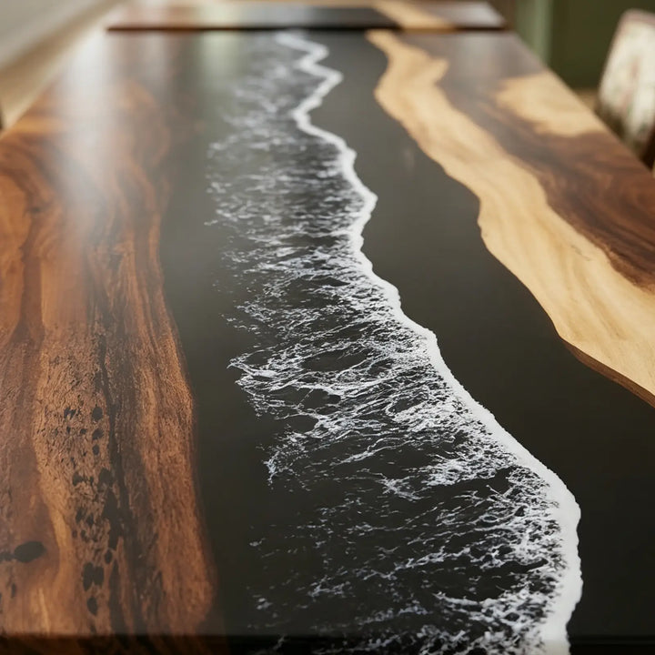 Seawavetable-Premium kiln dried solid walnut extendable table, continuous black ocean wave resin artwork
