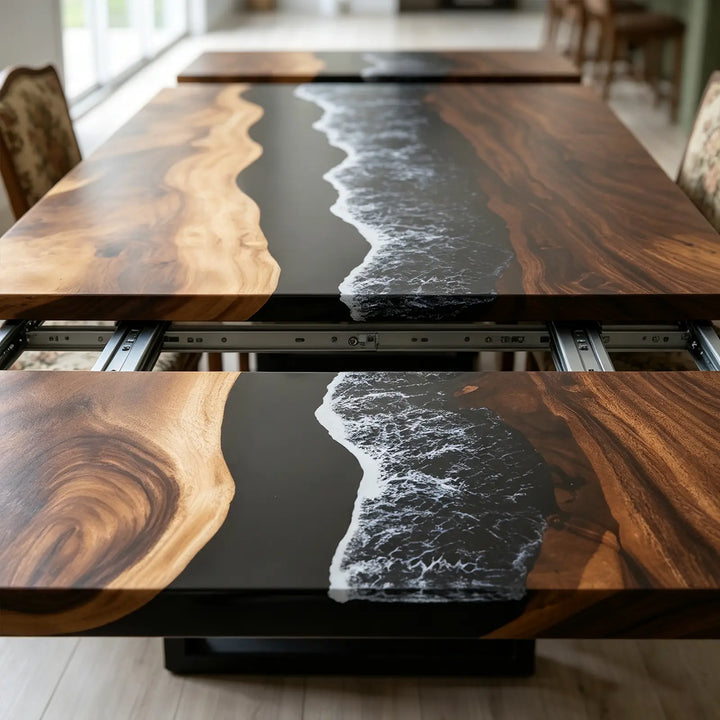 Seawavetable-Full high gloss walnut ocean epoxy table, fully extended for family dinner in modern farmhouse dining room