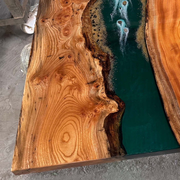 Seawavetable-Polished high-gloss beech wood slab epoxy dining table stone inlay design