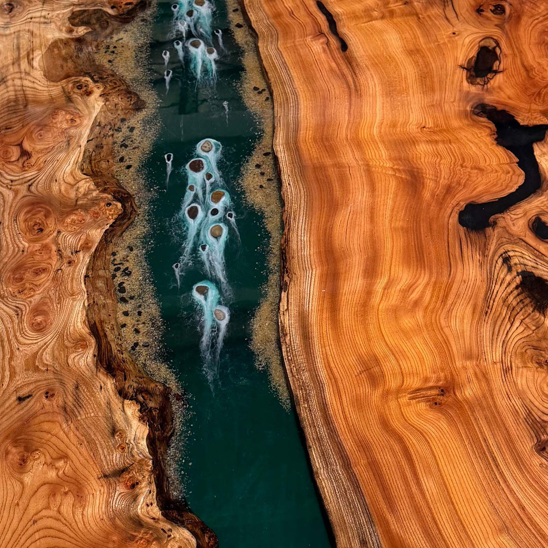 Seawavetable-Contemporary resin epoxy table beech wood emerald green river flow