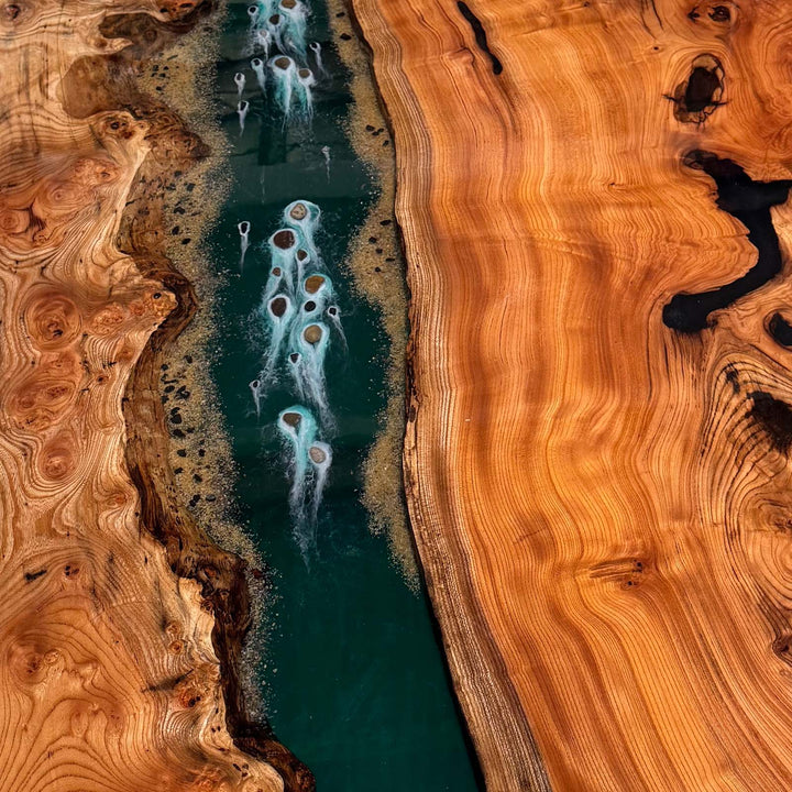Seawavetable-Contemporary resin epoxy table beech wood emerald green river flow
