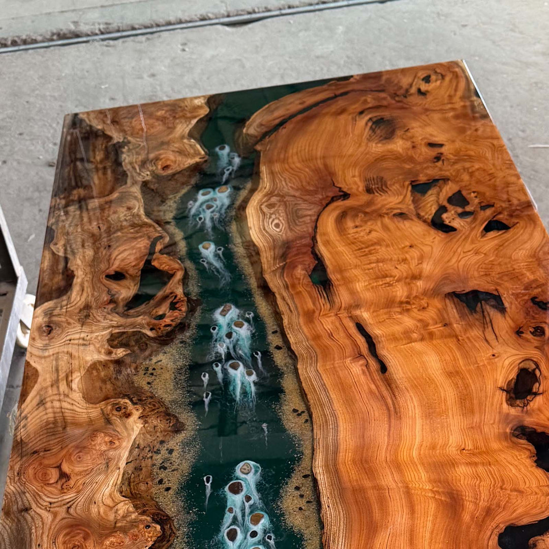 Seawavetable-Minimalist straight edge modern epoxy table beech wood green resin flow
