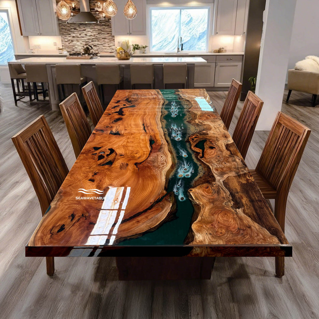 Seawavetable-Luxury beech wood green epoxy dining table with natural stone inlay high-gloss straight edge