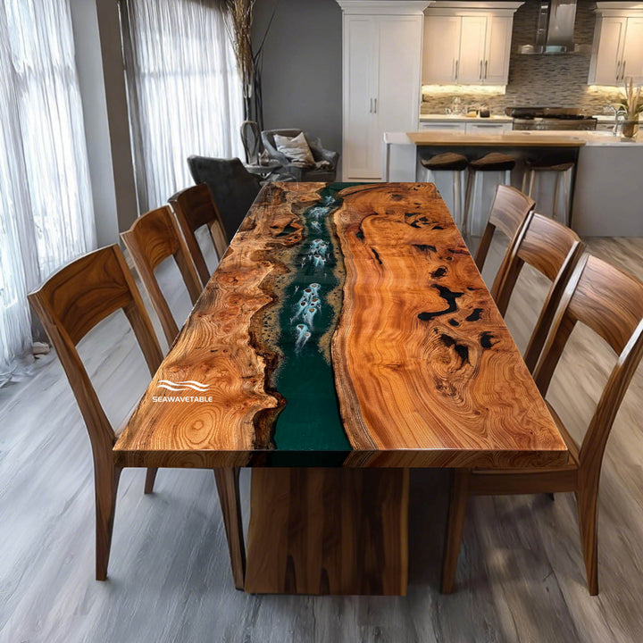 Seawavetable-High-gloss polished green epoxy river table straight edge beech wood slab
