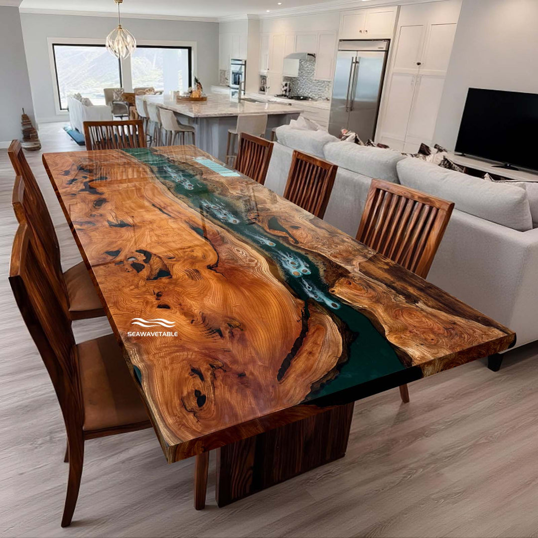 Seawavetable-Premium straight edge beech wood epoxy table full high-gloss finish for dining room