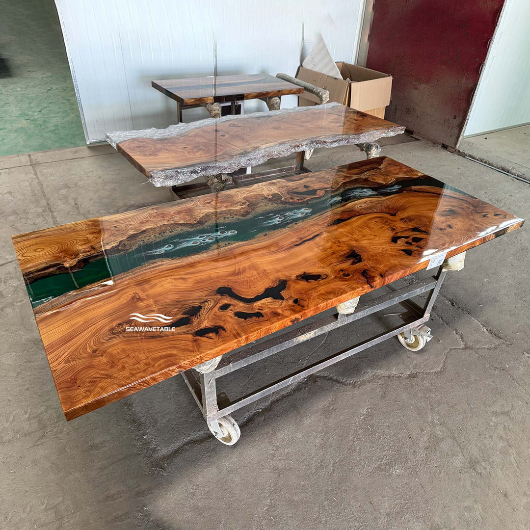 Seawavetable-Artistic functional art epoxy table beech wood stone inlay modern interior