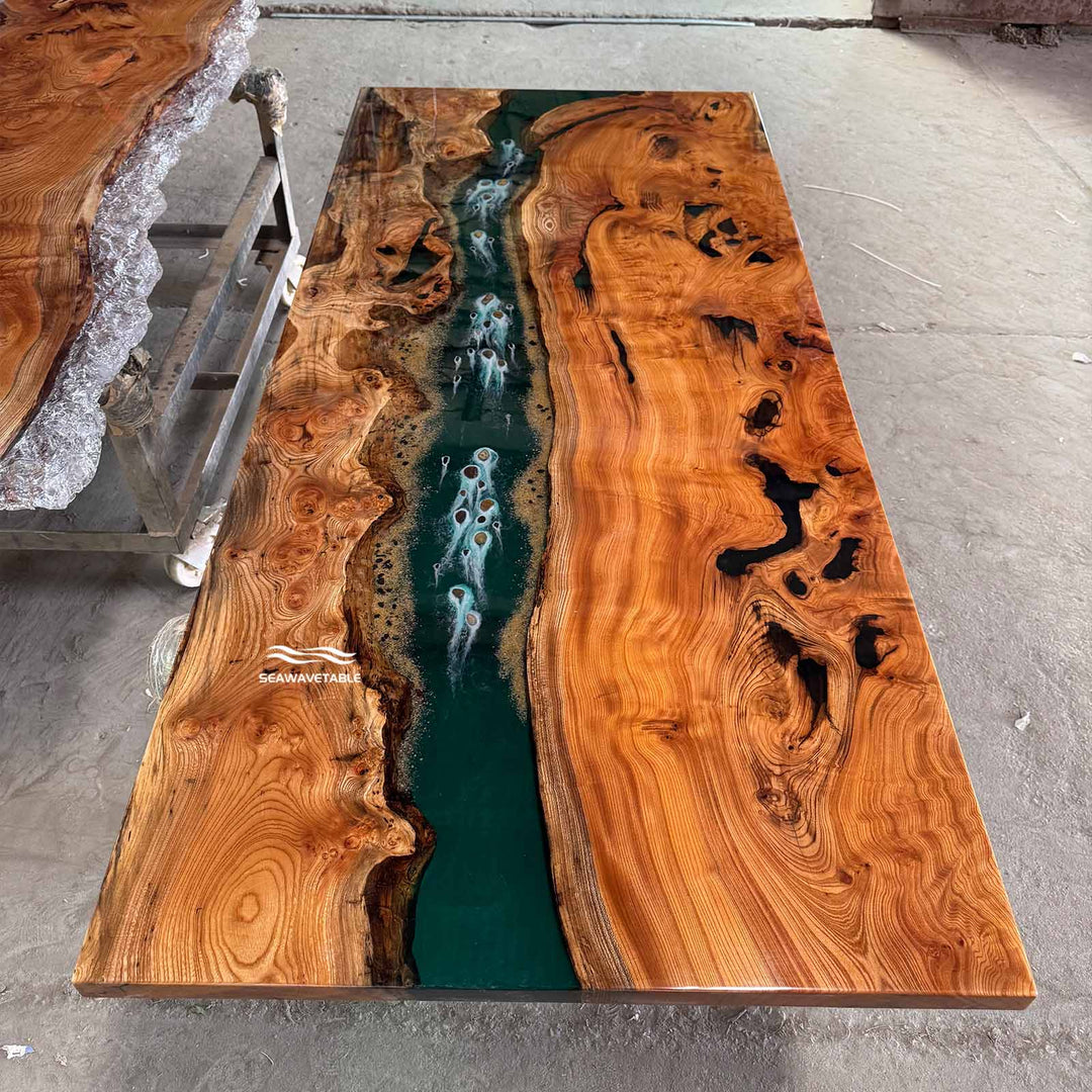 Seawavetable-Handcrafted epoxy river table beech wood emerald green resin with stone detail