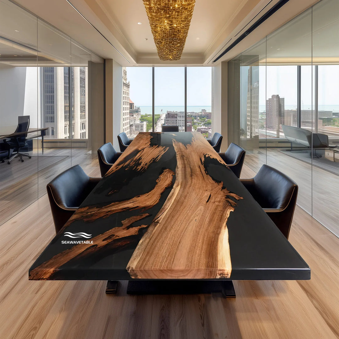 Seawavetable-Large straight edge epoxy conference table black walnut with semi-transparent obsidian resin river