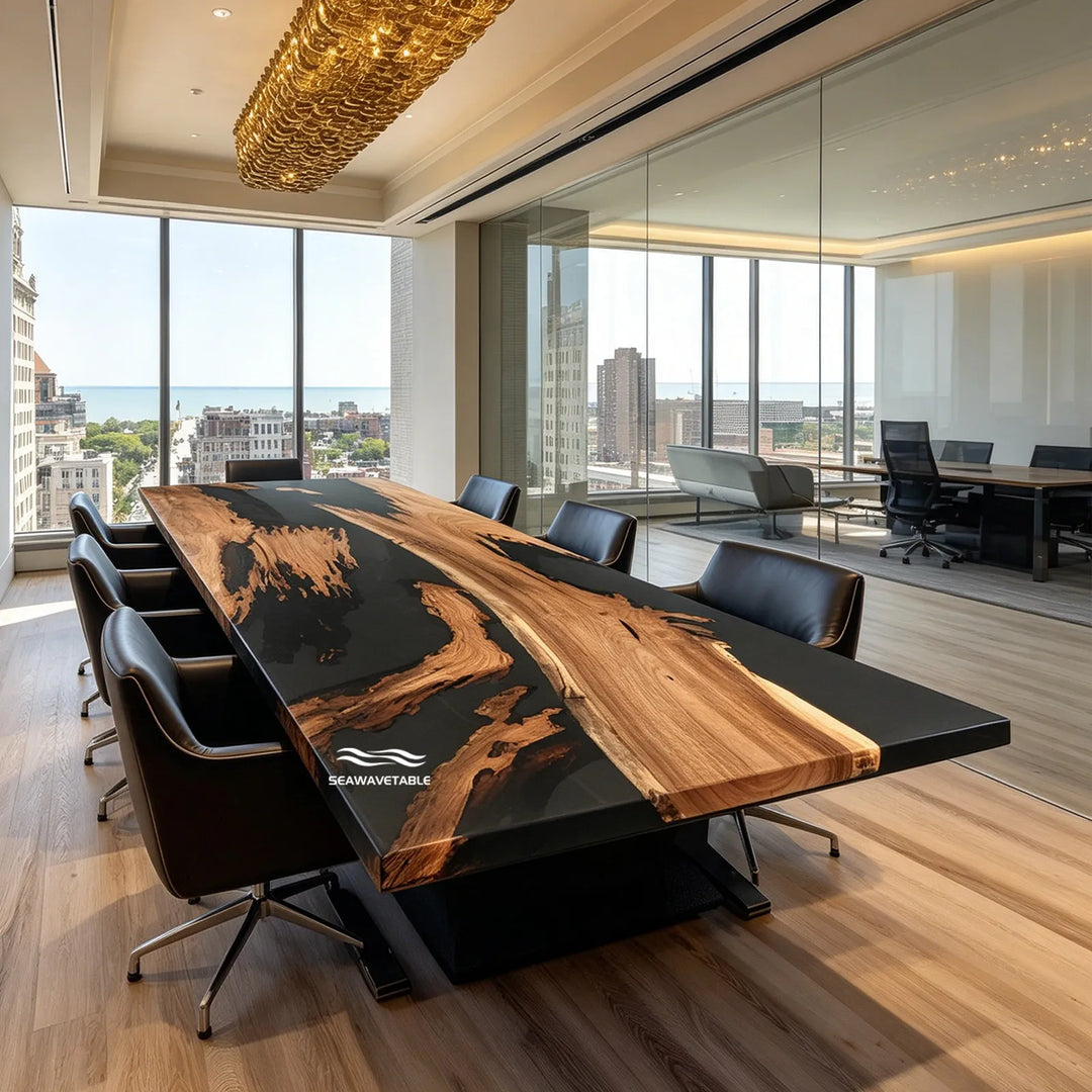 Seawavetable-Upscale black walnut conference table with obsidian resin river