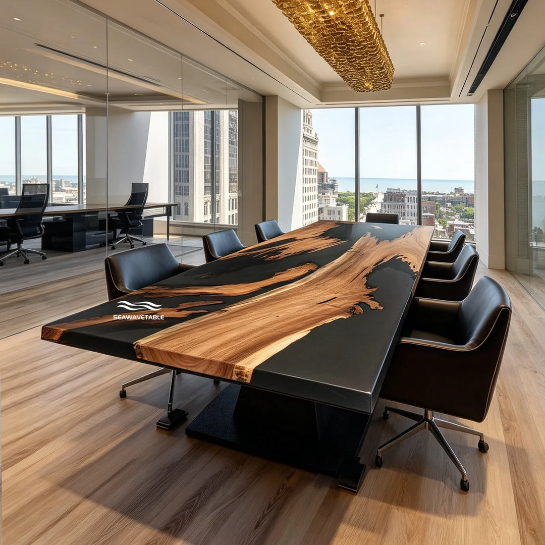 Seawavetable-Minimalist straight edge epoxy table black walnut with smoky resin