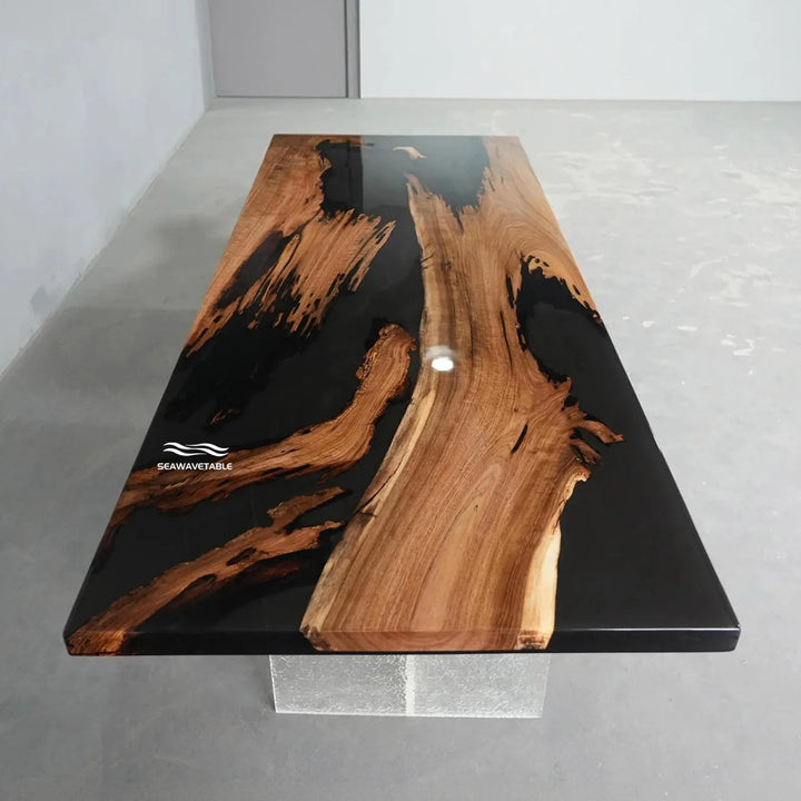 Seawavetable-Handcrafted epoxy river table solid black walnut smoky black resin high-gloss surface
