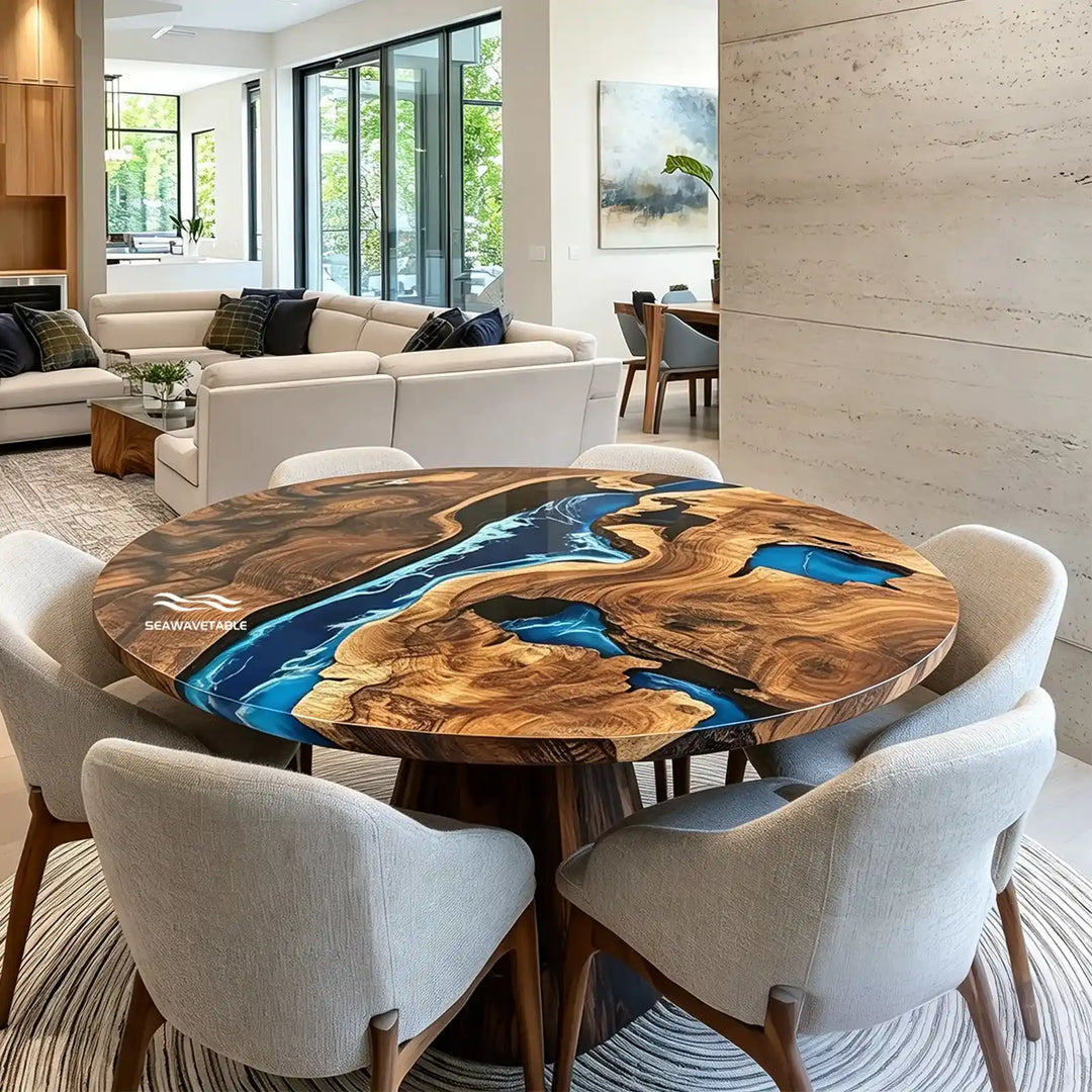 Seawavetable-Luxury black walnut epoxy table round ocean blue resin high-gloss statement piece