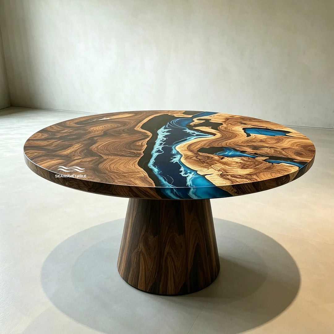 Seawavetable-Custom resin coffee table round black walnut with ocean wave epoxy river layout