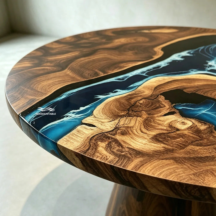 Seawavetable-Coastal living room centerpiece round epoxy coffee table black walnut high-gloss