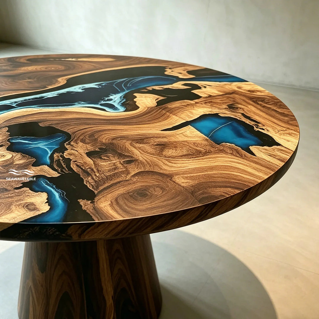 Seawavetable-Premium round black walnut epoxy coffee table ocean blue resin wave foam detail