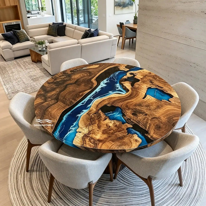 Seawavetable-Round black walnut burl epoxy coffee table with ocean blue resin wave high-gloss finish