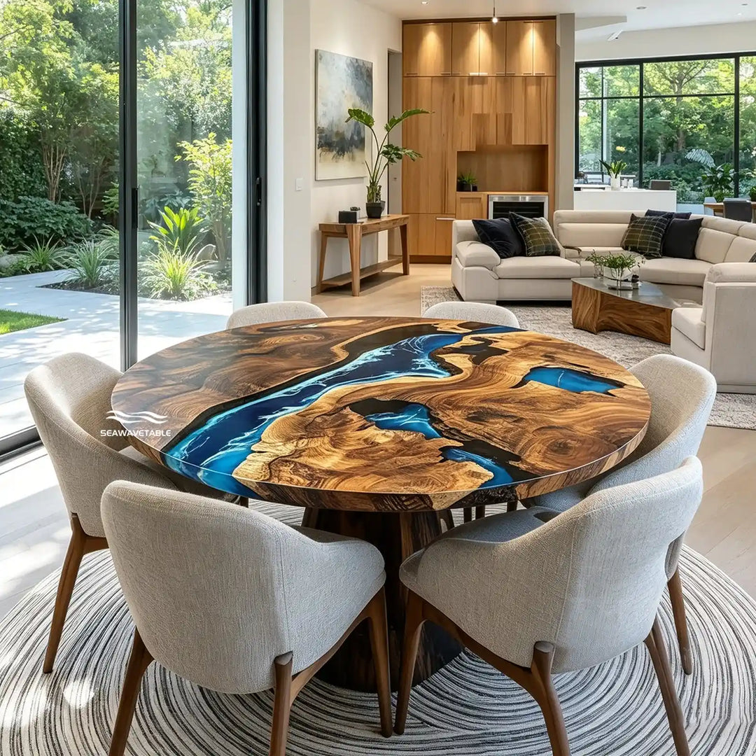 Seawavetable-Modern statement epoxy table round black walnut burl with flowing ocean resin